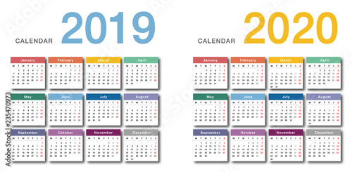 Colorful Year 2019 and Year 2020 calendar horizontal vector design template, simple and clean design. Calendar for 2019 and 2020 on White Background for organization and business. Week Starts Monday.