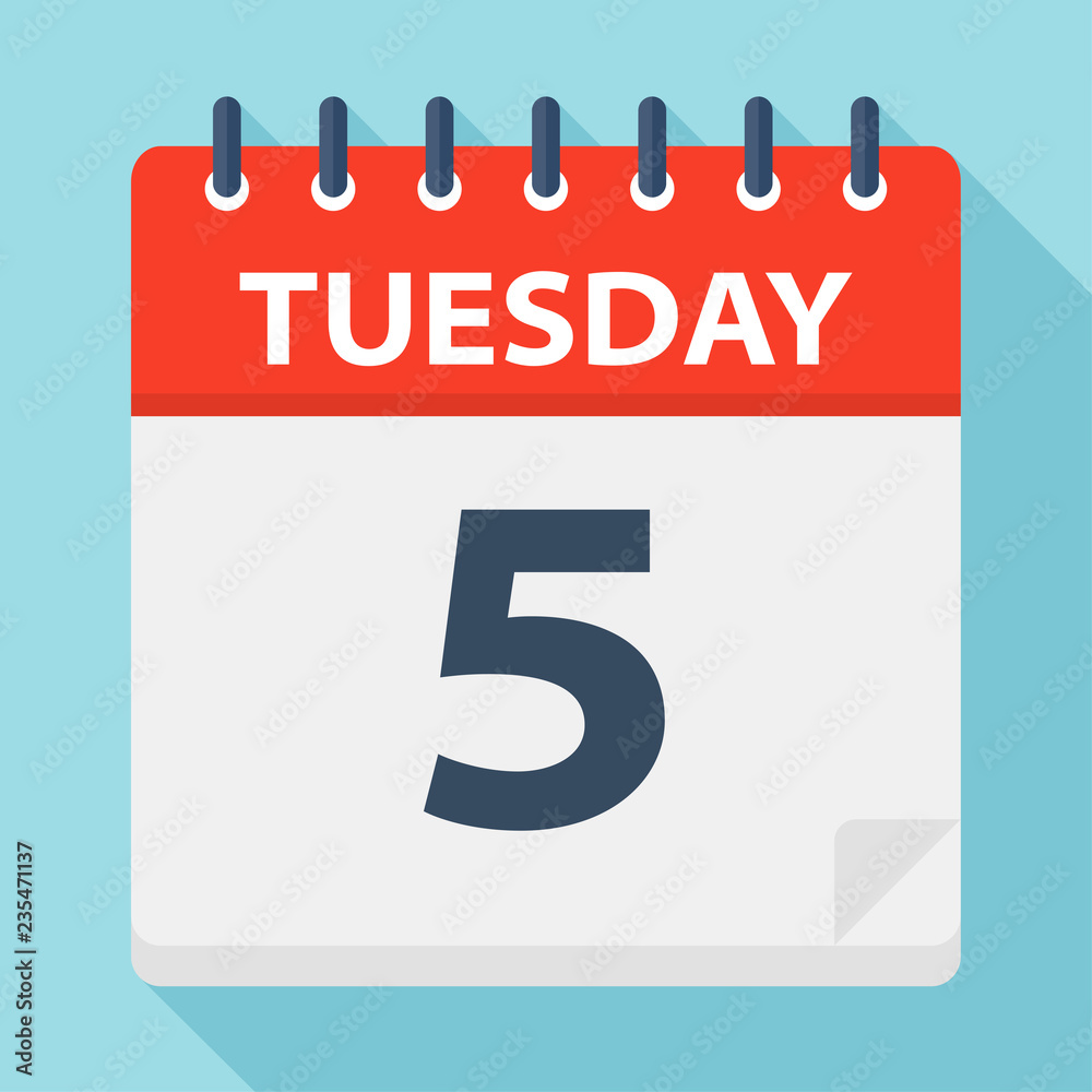Tuesday 5 - Calendar Icon. Vector illustration of week day paper leaf. Tuesday 5 - Calendar Icon. Vector illustration of week day paper leaf.