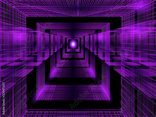 3d purple perspective background for concept design. Vector abstract backdrop with perspective. Lines and geometric shapes like portal, corridor or futuristic room interior. For web design, flyers, po
