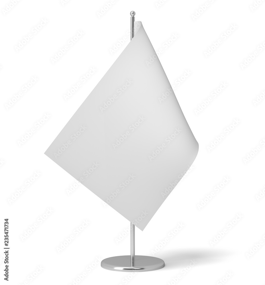 3d rendering of a small white rectangular flag on a table post standing on white background. 3d rendering of a small white rectangular flag on a table post standing on white background.
