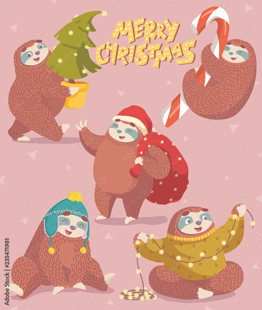 Fototapeta premium Set of Christmas illustrations with sloth. Merry Christmas lettering. Children's illustrations. Christmas card design