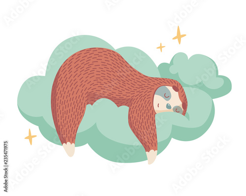 cute cartoon sloth sleeping on cloud with stars around. healthy sleep concept. colorful cartoon animal illustration photo