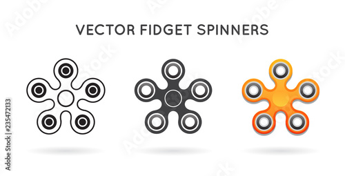 Set of 3 Hand Fidget Spinners. Isolated.