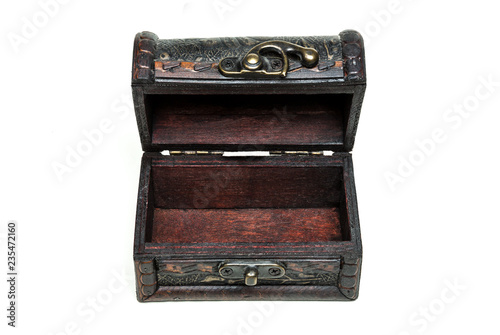 A wodden vintage box, chest on white background. On top, opened