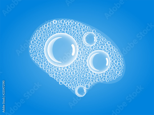 Soap Bubbles in Bath or Sud. Vector. Transparent Foam on Blue water background.