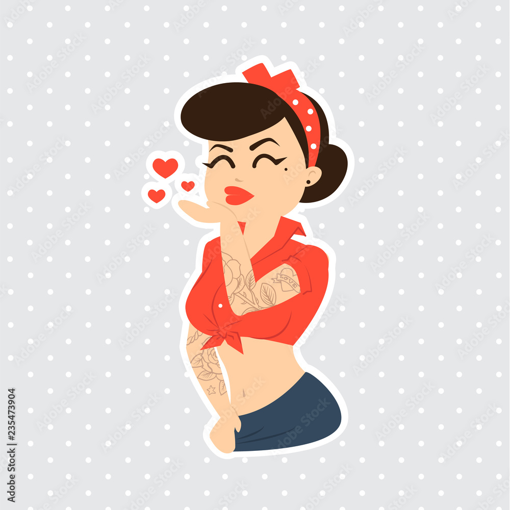 Smiling retro brunette pin-up woman in red shirt, we can do it Smiling retro brunette pin-up woman in red shirt, we can do it