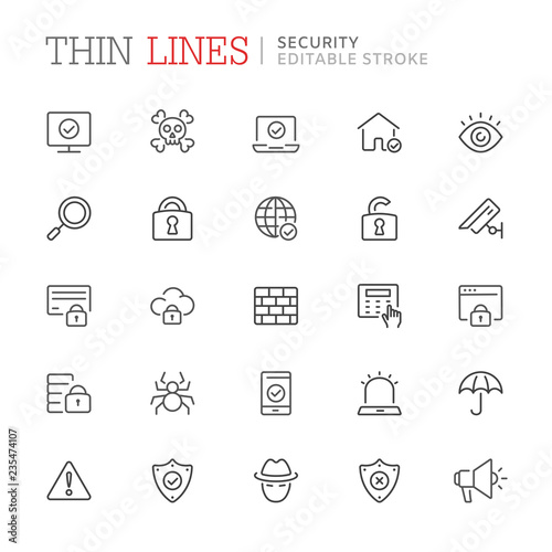 Collection of security relared line icons. Editable stroke