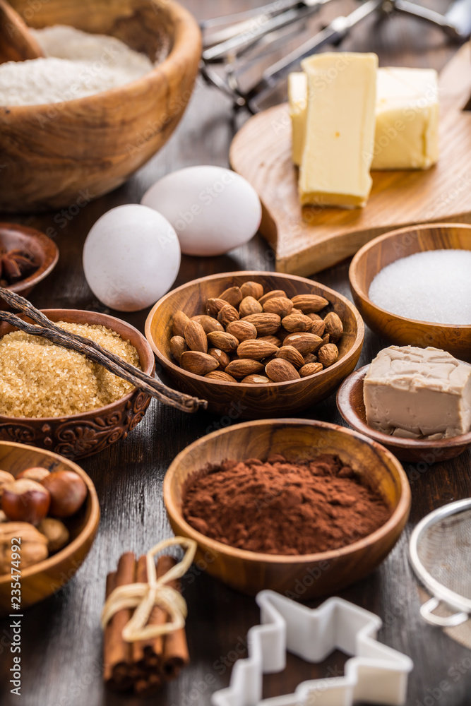 Variation of baking ingredients for Christmas cookies