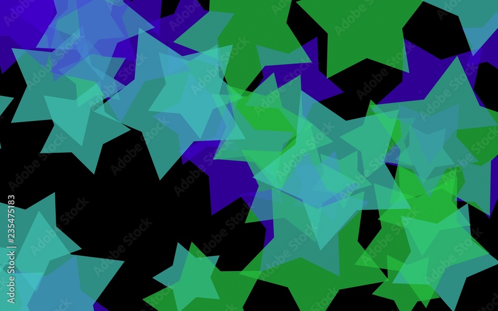 Multicolored translucent stars on a dark background. Green tones. 3D illustration