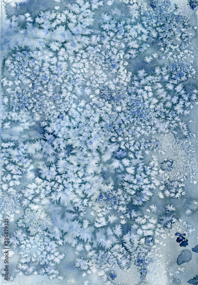 Blue frost background with watercolor splashes. This illustration will be grate for design greeting cards, post cards, lettering, wedding and other invitations, bussiness e-mails and site decor, etc. 