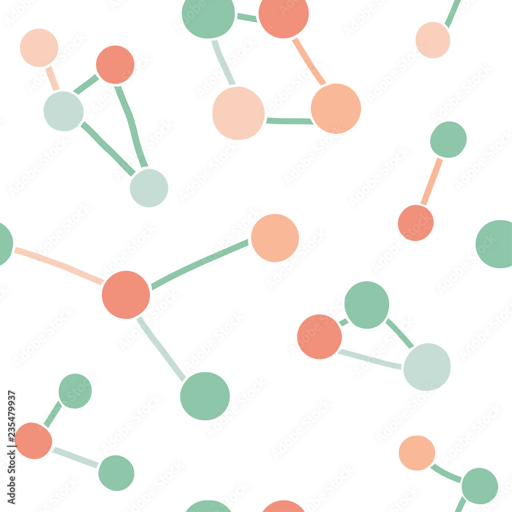 Minimalistic seamless geometric pattern with molecule. Cute trendy creative abstract colorful shapes. Vector. Pink and green. Hand drawn doodle texture for modern and original textile Minimalistic seamless geometric pattern with molecule. Cute trendy creative abstract colorful shapes. Vector. Pink and green. Hand drawn doodle texture for modern and original textile