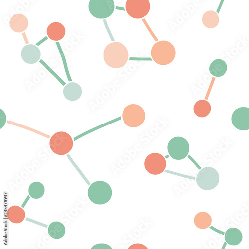 Minimalistic seamless geometric pattern with molecule. Cute trendy creative abstract colorful shapes. Vector. Pink and green. Hand drawn doodle texture for modern and original textile