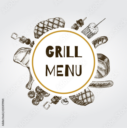 Background with Ink hand drawn meat products and grilled dishes. Food elements collection. Vector illustration.