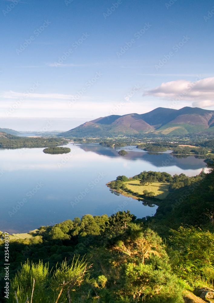 View from Surprise View near Keswick in the morning with reflections in Derwent Water, Lake District, Cumbria England