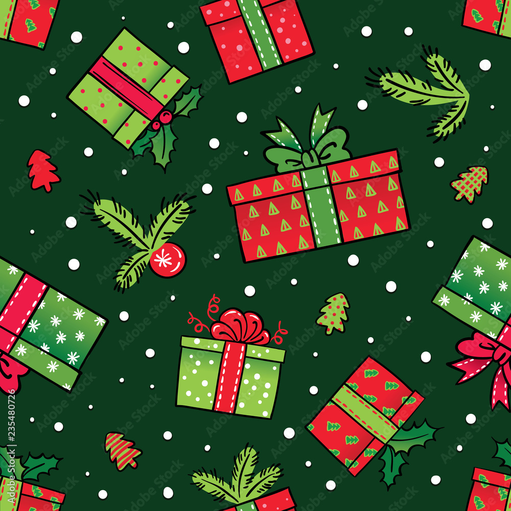 Seamless vector winter pattern with christmas gifts on dark green color