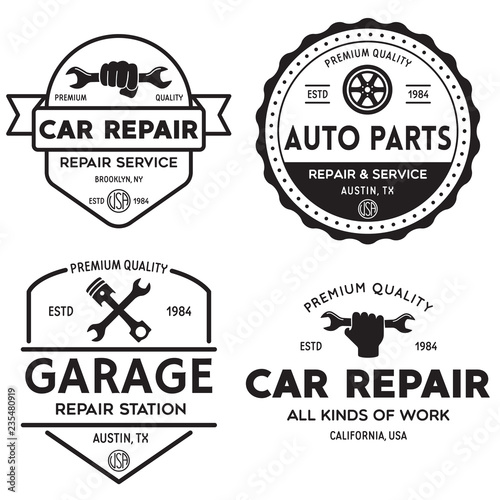 Set of vintage monochrome car repair service templates of emblems, labels, badges and logos. Service station auto parts tires shop mechanic on duty.