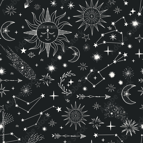 Seamless pattern with stars, comets, suns, moon, constellation, Children repeat background.
