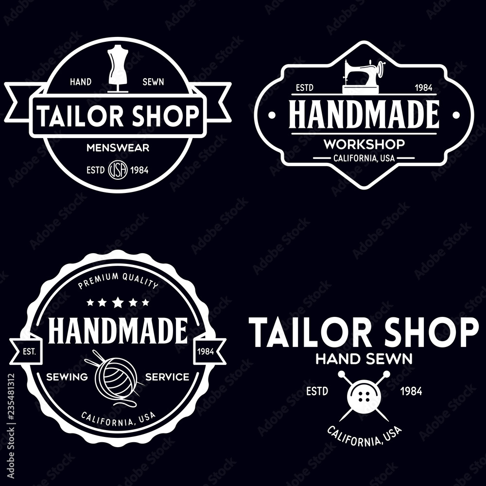 Fototapeta premium Set of vintage sewing and tailor labels, badges, design elements and emblems. Tailor shop old-style logo.