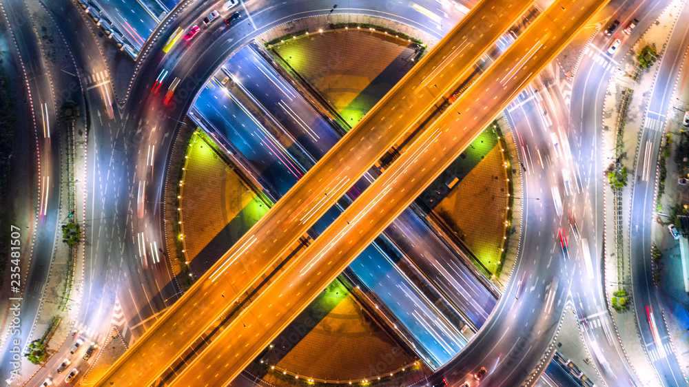 Aerial view and top view of traffic on city streets in bangkok