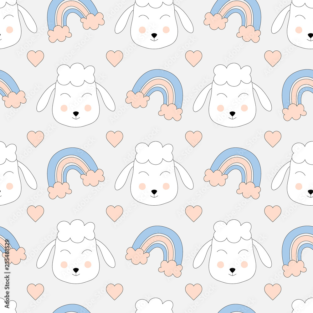 Lovely seamless pattern with cute sheep, rainbow and heart. Scandinavian design. Vector illustration.