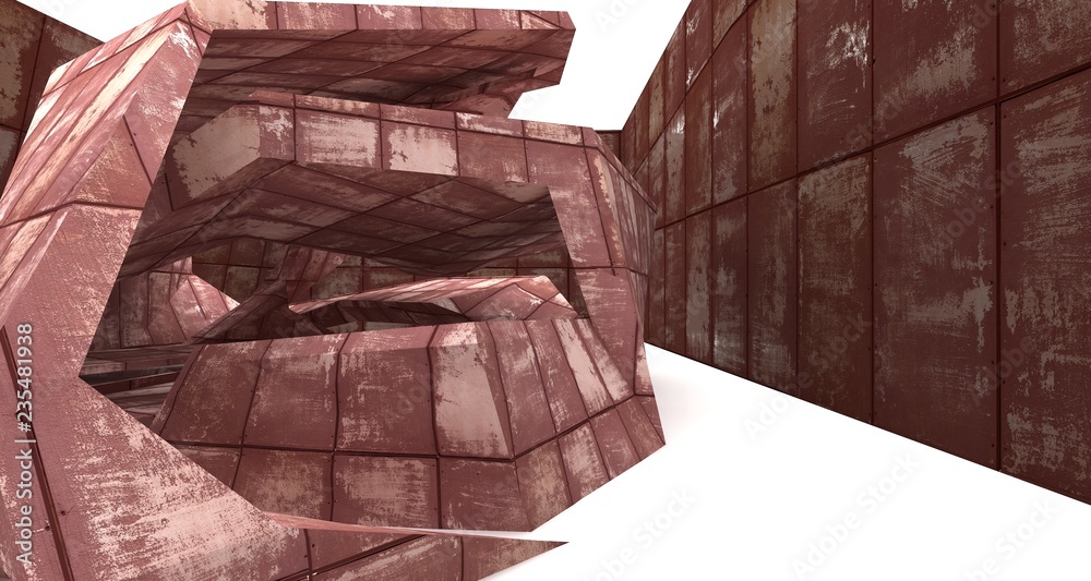 Empty abstract room interior of sheets rusted metal. Architectural background. 3D illustration and rendering Empty abstract room interior of sheets rusted metal. Architectural background. 3D illustration and rendering
