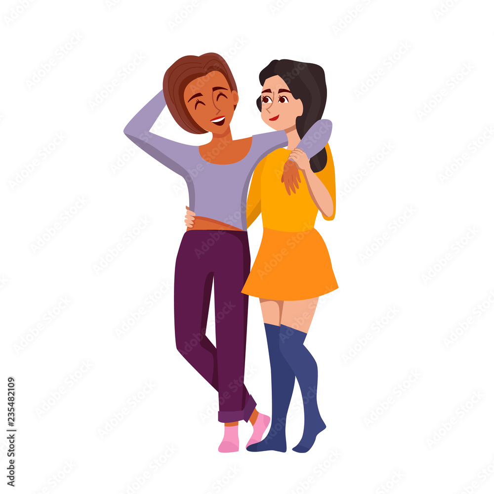 Two young smiling woman. Isolated on white background. Vector cartoon illustration in flat style Two young smiling woman. Isolated on white background. Vector cartoon illustration in flat style