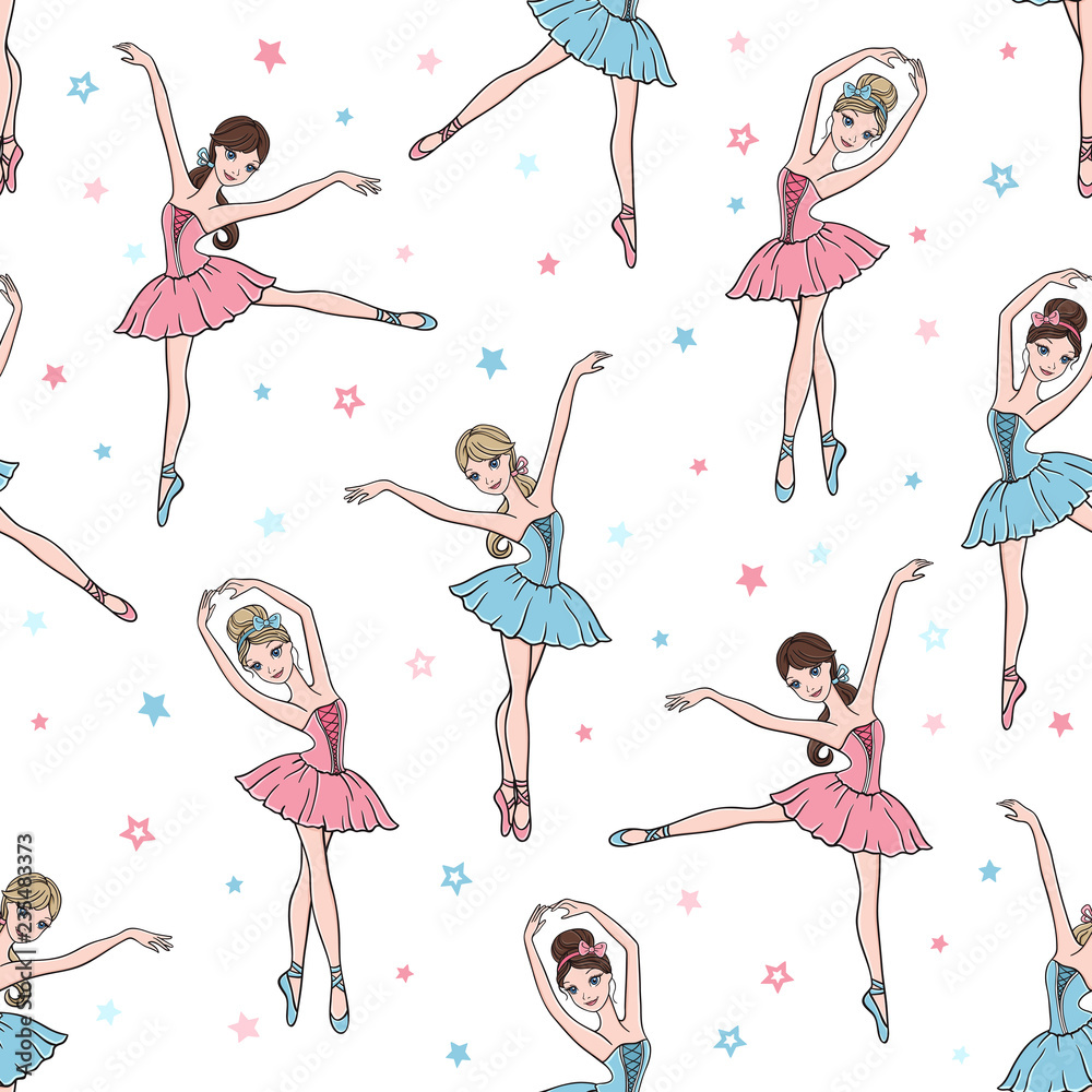 Fototapeta premium Ballet dance seamless pattern with cute ballerinas in tutu dresses and stars