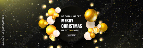 Merry Christmas Sale poster with abstract volumetric balls and luminous garlands . Vector illustration. Design for invitation, banners, ads, coupons, promotional material