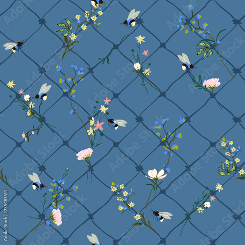 Beautiful wild flowers with hand drawing grid and bumblebee seamless pattern vector many kind of garden florals