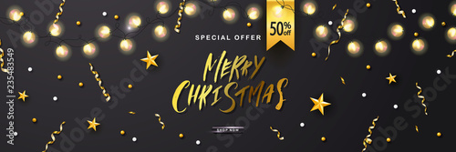 Merry Christmas Sale poster with luminous garlandsand shiny serpentine . Vector illustration. Design for invitation, banners, ads, coupons, promotional material