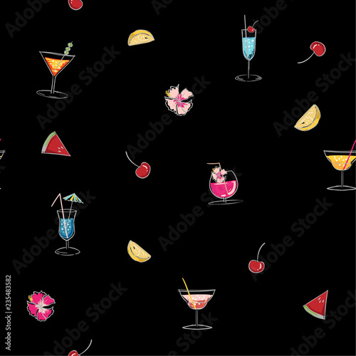 Colorful of Seamless pattern glass of mojito, Long Island Ice Tea, Dry Martini, ice cubes, and lime outline. Black outline of the cocktail on a black background.