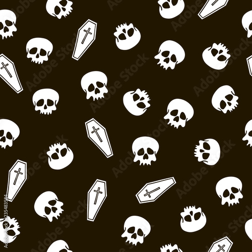 Black and white seamless pattern with handdrawn skulls and coffins. Vector pattern suitable for packaging, fabric.