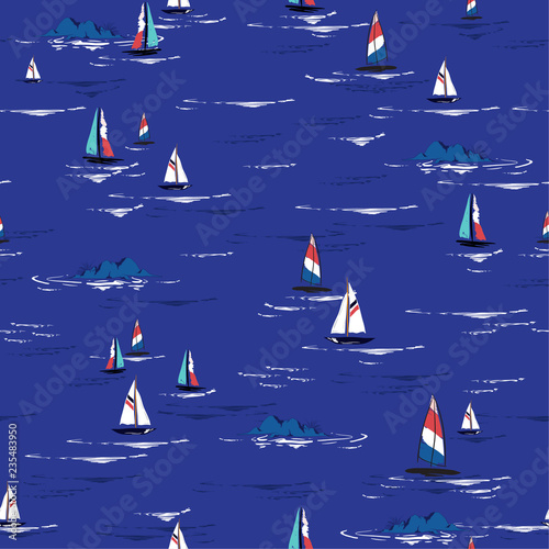 Beautiful Summer birght Hand drawing colorful wind surf seamless pattern in vector. Flat style illustration. Summer beach surfing illustration