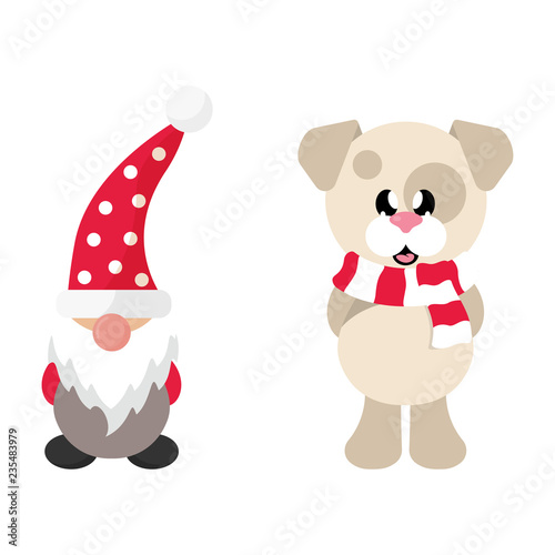 cartoon christmas dwarf and winter dog with scarf