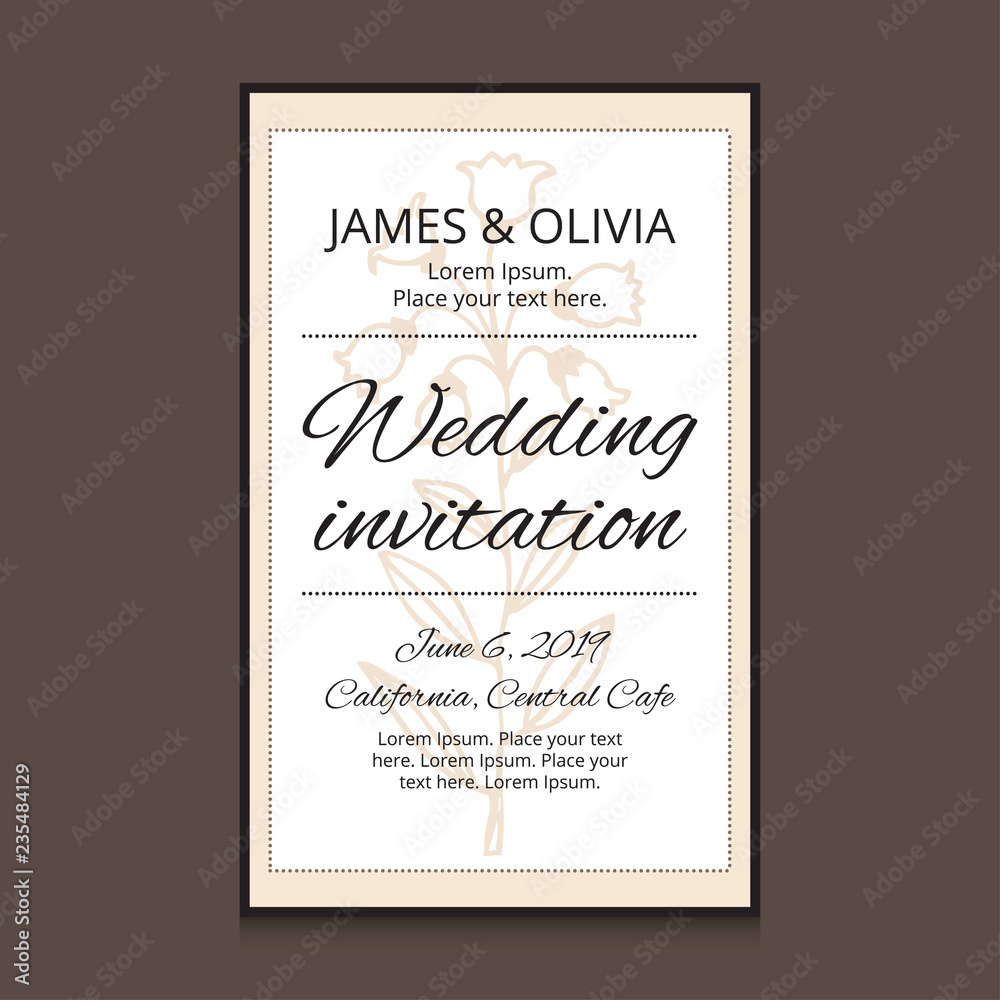 Wedding invitation card template with flower. Vector illustration for your cute design.
