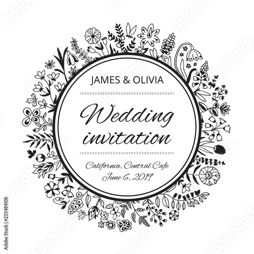 Wedding invitation card template with flowers and plants. Vector illustration for your cute design.