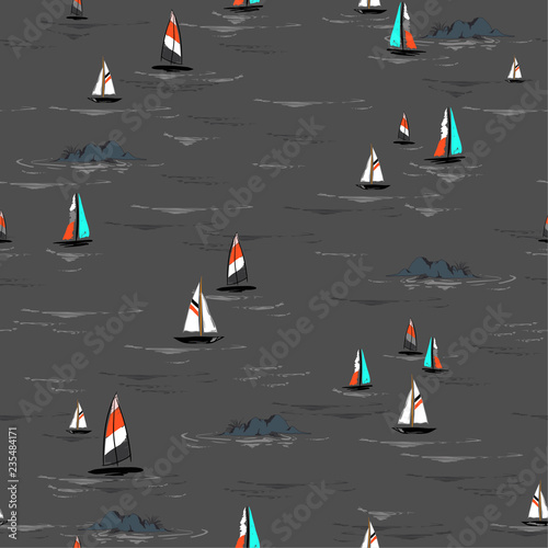 Dark Summer Beautiful Hand drawing colorful wind surf and island seamless pattern in vector. Flat style illustration. Summer beach surfing illustration in the ocean