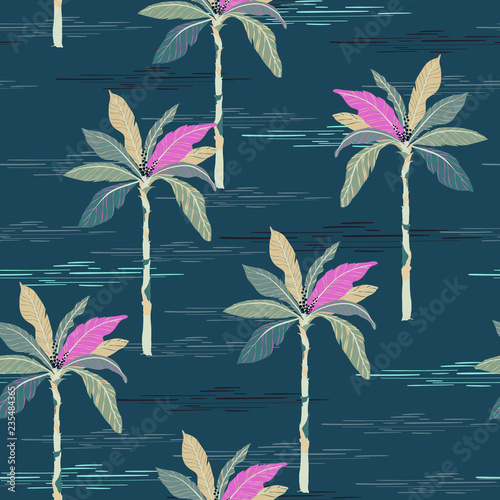 Beautiful seamless colorful palm trees pattern on Landscape with palm trees,beach and ocean vector hand drawn style