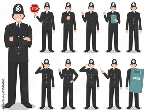Police people concept. Detailed illustration of british policeman in traditional uniform standing in different poses in flat style isolated on white background. Flat design people characters. Vector.