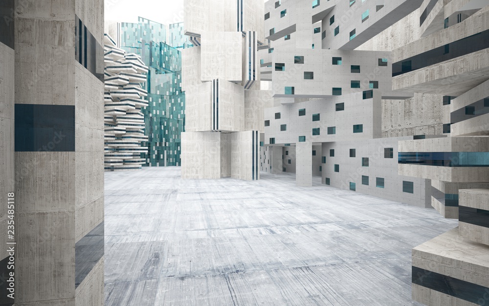 Fototapeta premium Abstract background in the form of high-rise buildings made of dark concrete with blue windows. 3D illustration and rendering