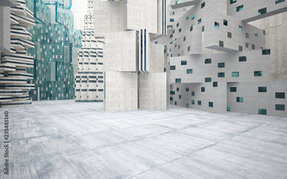 Abstract background in the form of high-rise buildings made of dark concrete with blue windows. 3D illustration and rendering