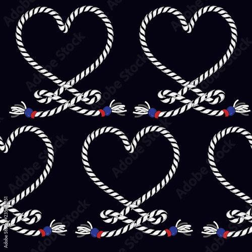 Marine rope knot seamless pattern. Endless navy illustration with heart rope ornament and nautical knots on navy blue  background. For fashion fabric,
