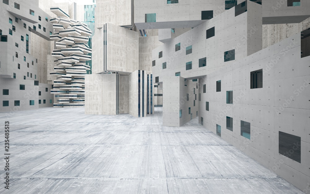 Abstract background in the form of high-rise buildings made of dark concrete with blue windows. 3D illustration and rendering