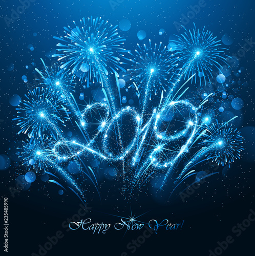 New Year's Fireworks 2019 with Flickering Lights Effect. Vector
