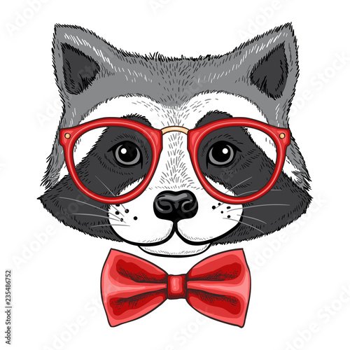 Hand drawn illustration of raccoon in glasses and a bow tie