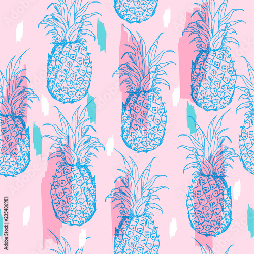 Pastel summer Exotic seamless pattern with silhouettes tropical fruit outline pineapples. Hand drawn and paint repeating background.