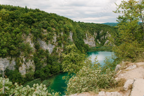 Travel to Croatia. Top view of the Plitvice Lakes - a popular Croatian national park of incredible beauty with lots of greenery, lakes and waterfalls