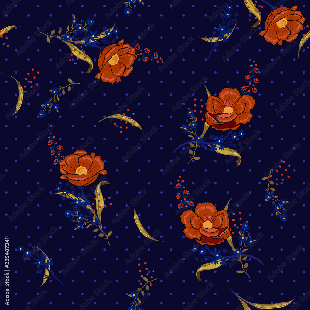Blooming fresh garden red flowers seamless pattern vector on pollka dots on navy blue background for fashion fabric and all prints