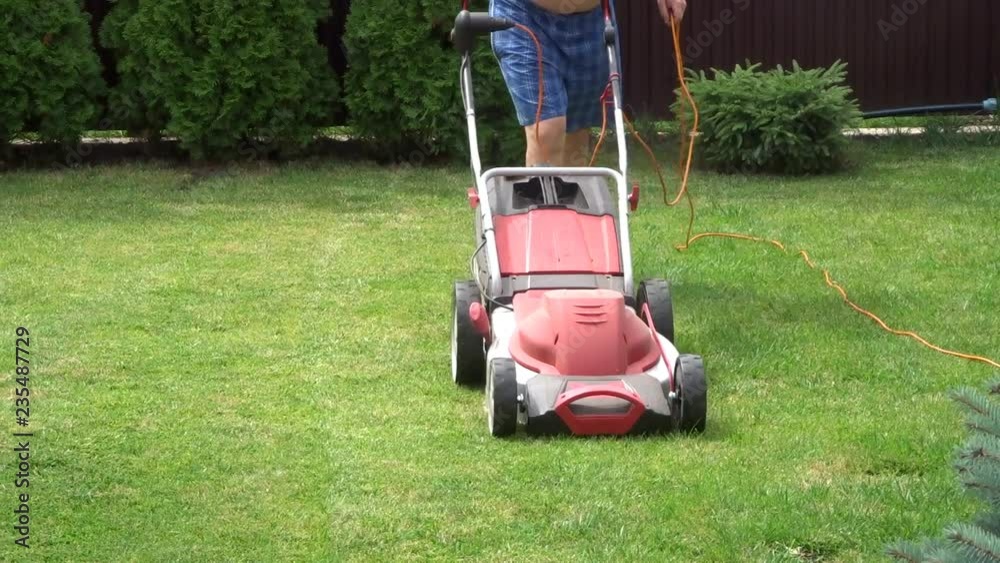 Lawn mowing with electric mower (lawnmower) on wheels Lawn mowing with electric mower (lawnmower) on wheels