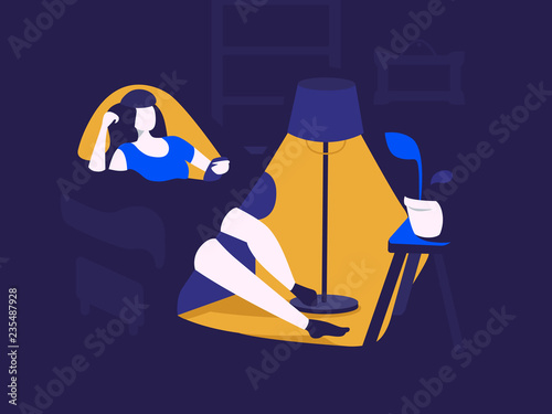 Woman or girl looking at the phone while sitting on the couch at the night. Internet addiction. Evening illustration. Flat interior.